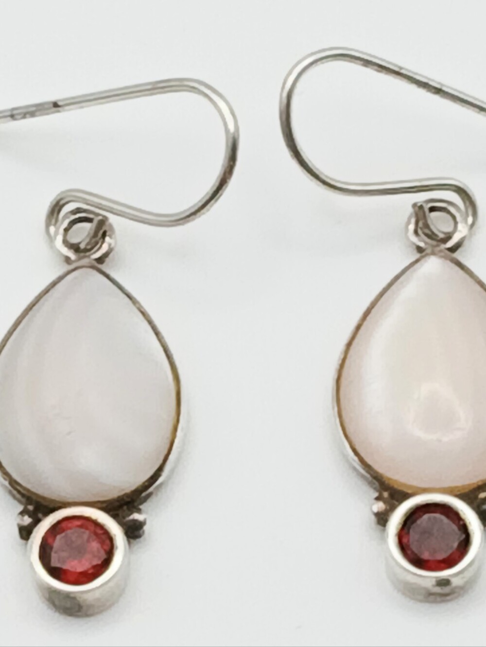 Vintage Moonstone Teardrop & Red Garnet Dangle Earrings in Silver Fishhook Wires